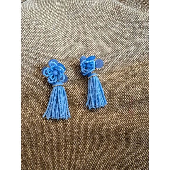 J. Crew Women's Floral Beaded Tassel Drop Dangle Earrings Blue - Picture 1 of 3